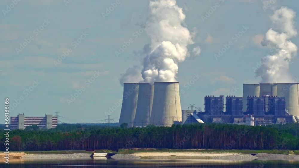 Steaming cooling towers of a dirty lignite power plant on the horizon behind an open-pit mine lake Steaming cooling towers of a dirty lignite power plant on the horizon behind an open-pit mine lake