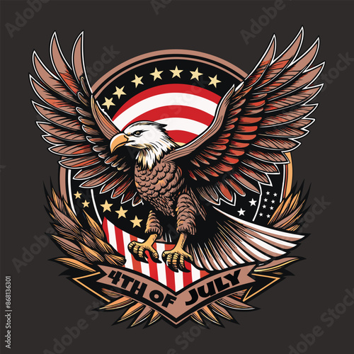 Vintage Eagle soars across American flags, Iconic symbols with vintage flair and flag in antique Hues