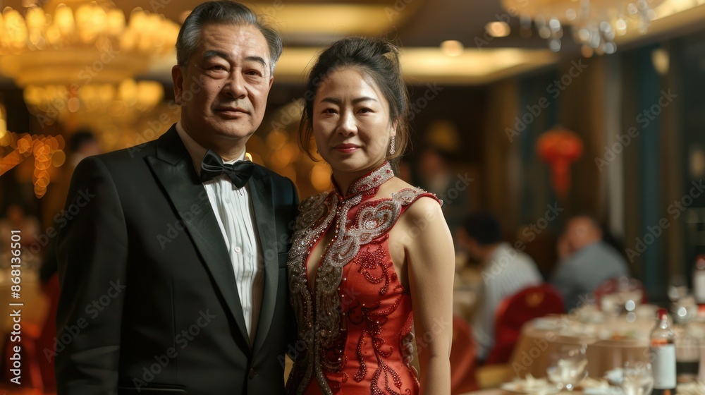 Obraz premium Chinese rich couple dressed in formal attire, men's black suit, woman's evening dress, standing at a fancy banquet venue in the evening.
