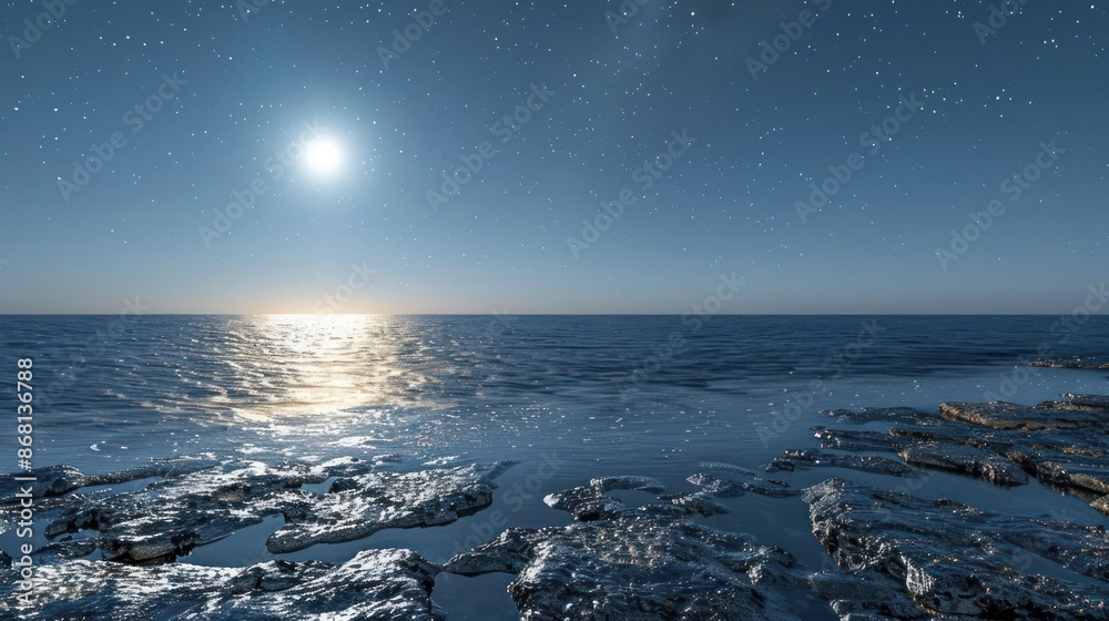 A calm and serene ocean scene at night A calm and serene ocean scene at night