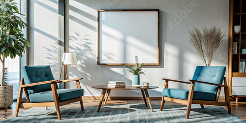 Living room design with empty frame mockup, two wooden chairs on white wall
