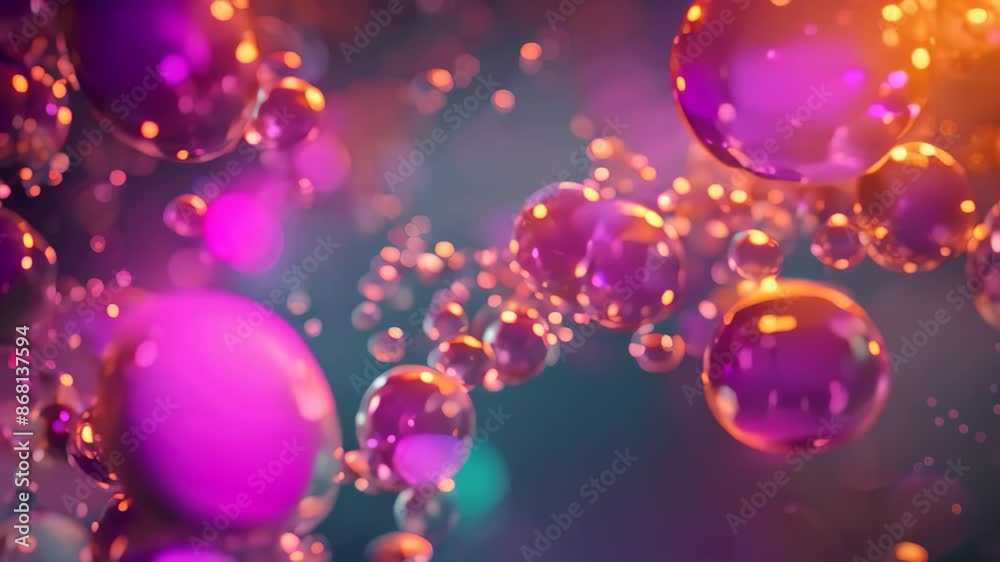 Macro view of water bubbles suspended in the air at a microscopic level, Depict a microscopic view of nano-scale particles interacting at the molecular level Macro view of water bubbles suspended in the air at a microscopic level, Depict a microscopic view of nano-scale particles interacting at the molecular level
