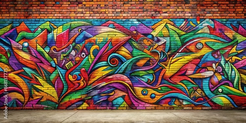 Colorful graffiti artwork covering a brick wall , urban, street art, graffiti, mural, spray paint, vibrant