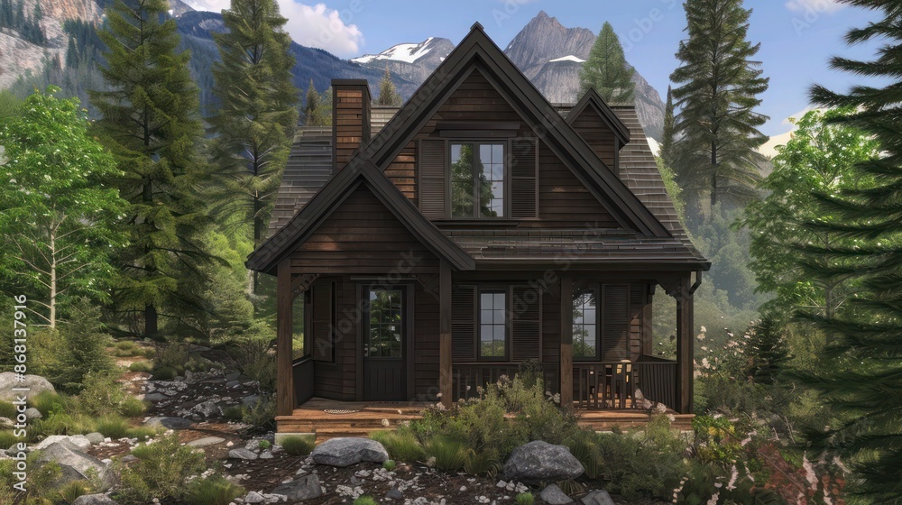 mountain hideaway with dark chocolate brown Bahama shutters, nestled among evergreens mountain hideaway with dark chocolate brown Bahama shutters, nestled among evergreens