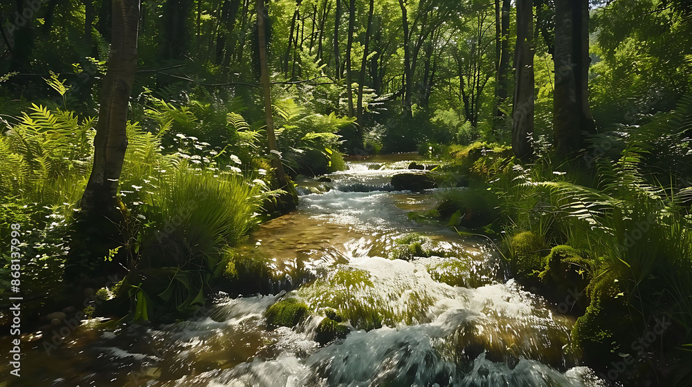 A refreshing summer scene of a crystal-clear stream flowing through a lush forest, captured in HD A refreshing summer scene of a crystal-clear stream flowing through a lush forest, captured in HD