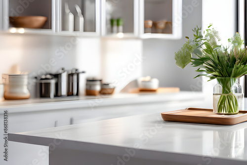 white table for display or product showcase with blurry modern kitchen background scene
