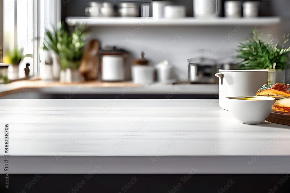 white table for display or product showcase with blurry modern kitchen background scene white table for display or product showcase with blurry modern kitchen background scene