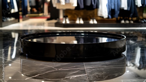 A black round table sits on a shiny marble floor. Product presentation background photo