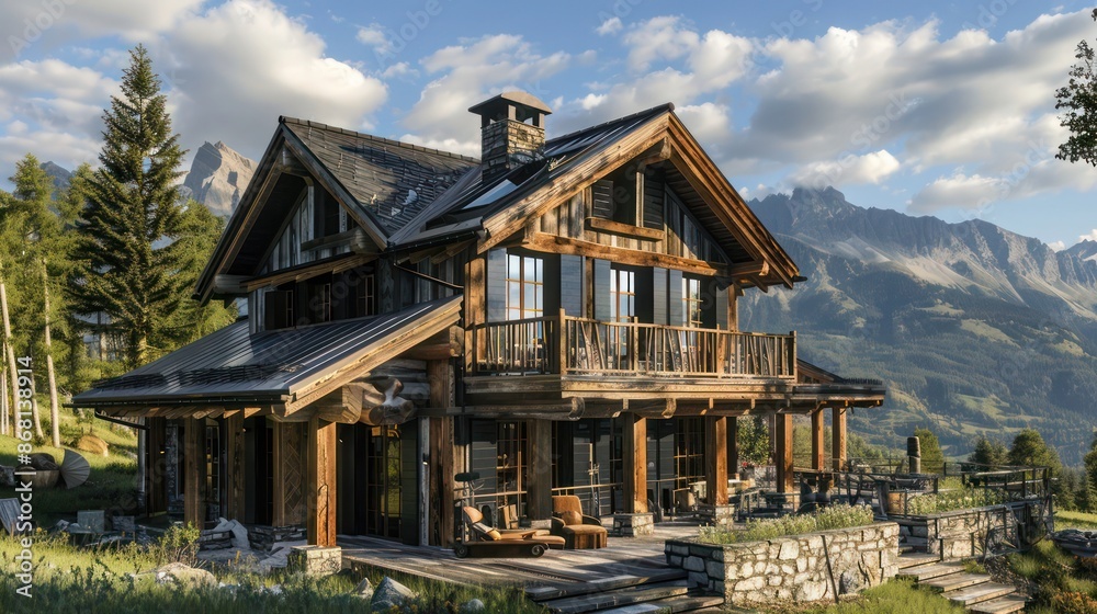 mountain lodge with charcoal black Bahama shutters, standing out against the rustic timber mountain lodge with charcoal black Bahama shutters, standing out against the rustic timber