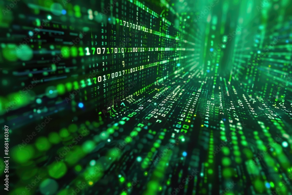 Green binary code on computer screen  hacker network security.