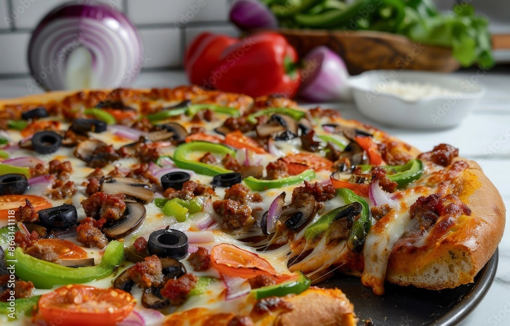 Close-Up of a Deliciously Topped Pizza with a Slice Removed Close-Up of a Deliciously Topped Pizza with a Slice Removed