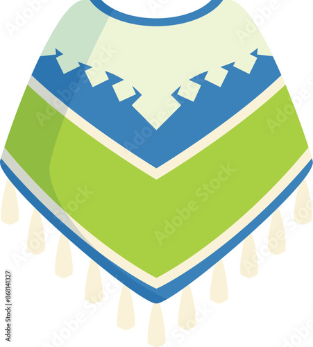 Green and blue poncho with white trim, featuring traditional latin american patterns and tassels, perfect for fashion and cultural projects