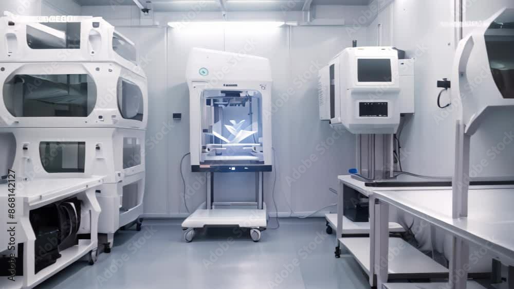A room equipped with various machines, including 3D printers, for on-demand medical device production, Design a room with 3D printers for on-demand medical supplies and equipment A room equipped with various machines, including 3D printers, for on-demand medical device production, Design a room with 3D printers for on-demand medical supplies and equipment