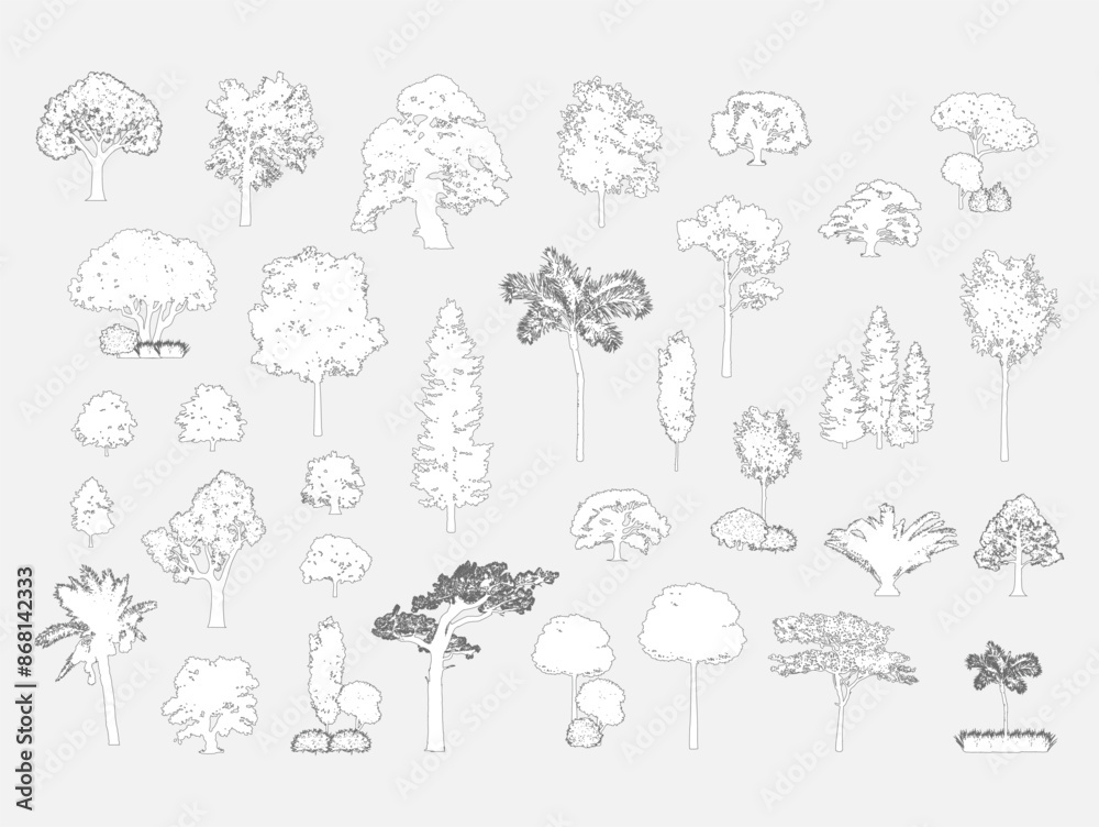 Big set of tree silhouette, Vector illustration in stroke fill in white. 
