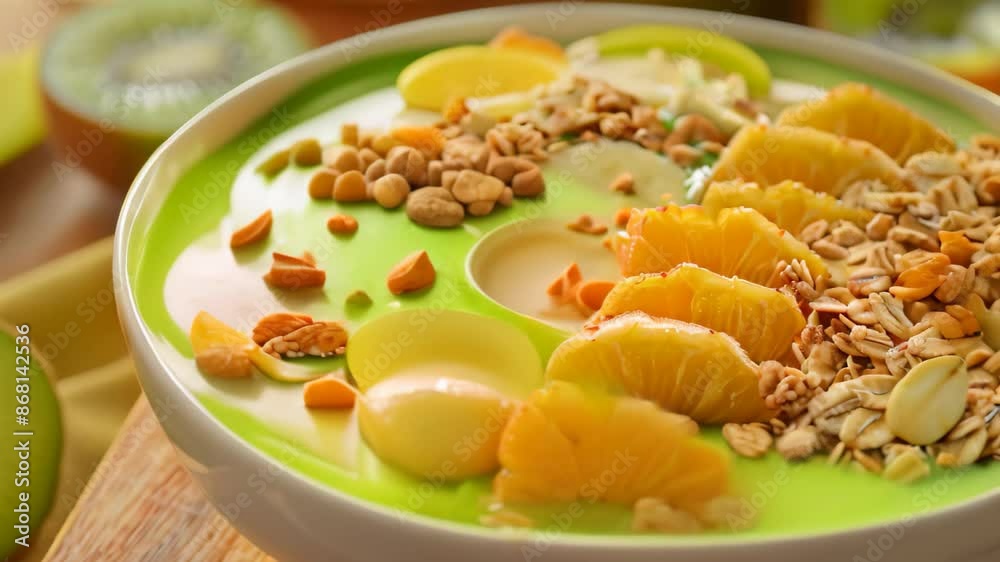 A bowl filled with a vibrant green smoothie topped with slices of oranges, kiwis, and crunchy granola, Design a smoothie bowl topped with granola and sliced fruit A bowl filled with a vibrant green smoothie topped with slices of oranges, kiwis, and crunchy granola, Design a smoothie bowl topped with granola and sliced fruit