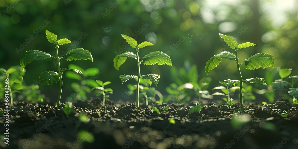 Young green seedlings growing in fertile soil with sunlight. Concept of agriculture, gardening, growth, new life, and sustainability Young green seedlings growing in fertile soil with sunlight. Concept of agriculture, gardening, growth, new life, and sustainability
