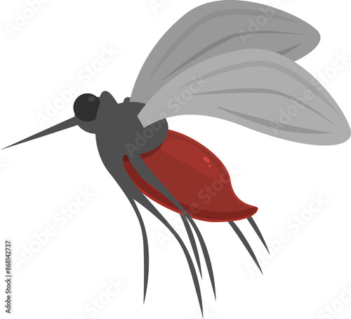 Mosquito with a full abdomen is flying, suggesting it has recently fed on blood