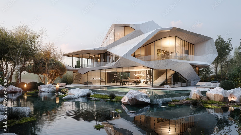 A futuristic house with a unique geometric design and a reflective glass exterior.