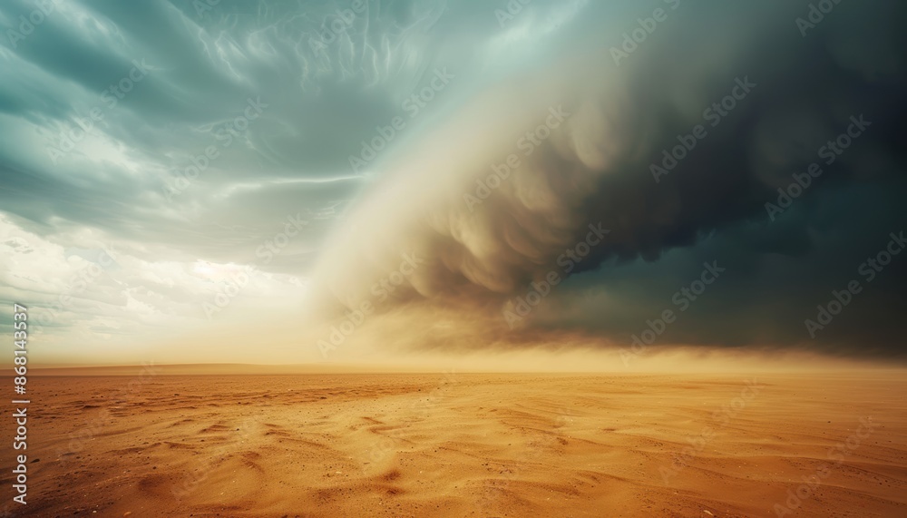 A dramatic and powerful sandstorm rolls through a barren desert landscape under an ominous sky. A dramatic and powerful sandstorm rolls through a barren desert landscape under an ominous sky.