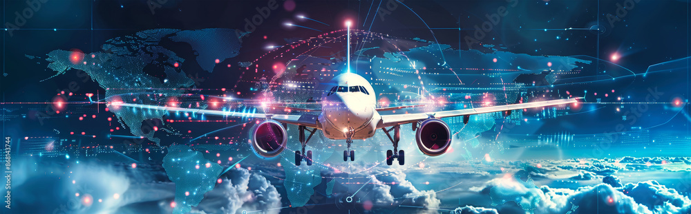 A futuristic airplane flies through a digital sky, above a glowing world map A futuristic airplane flies through a digital sky, above a glowing world map