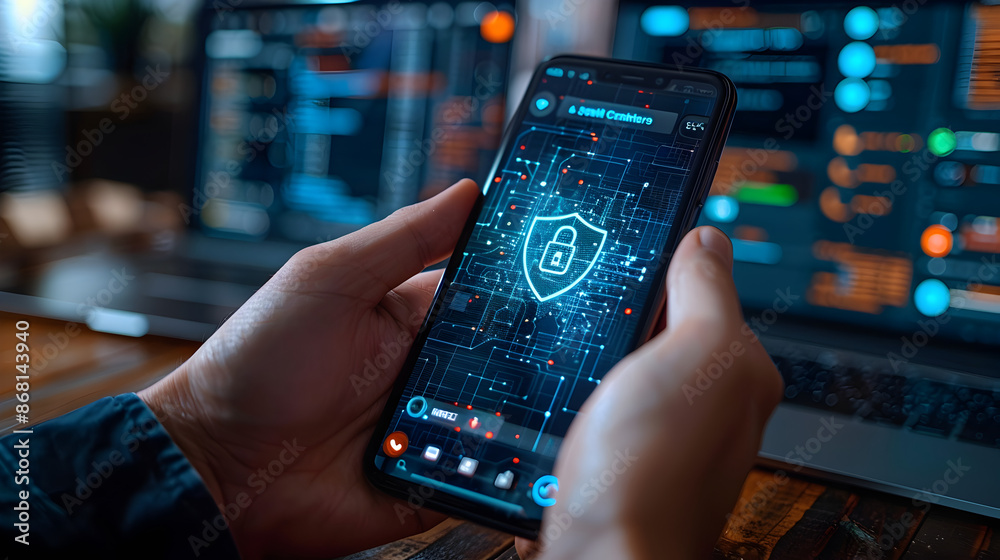 Close-up of Hands Holding Smartphone With Cybersecurity Interface Close-up of Hands Holding Smartphone With Cybersecurity Interface