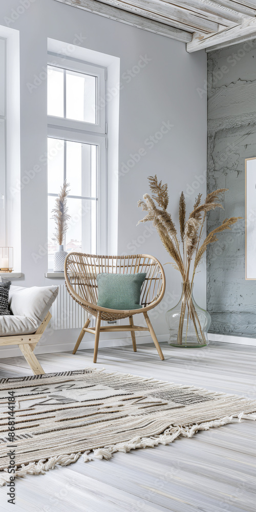 Obraz premium Minimalist living room interiors in turquoise color with minimal furniture and natural lighting.Interiors design composition concept image.