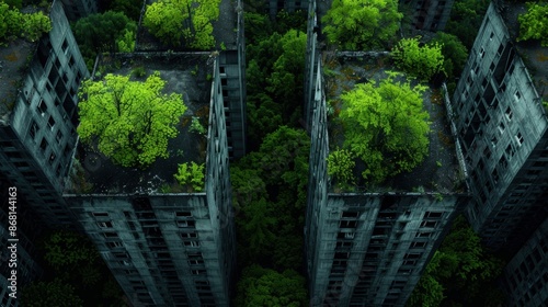 Aerial view of abandoned buildings with overgrown trees on rooftops, creating an eerie urban jungle in a post-apocalyptic setting. © Narongsak