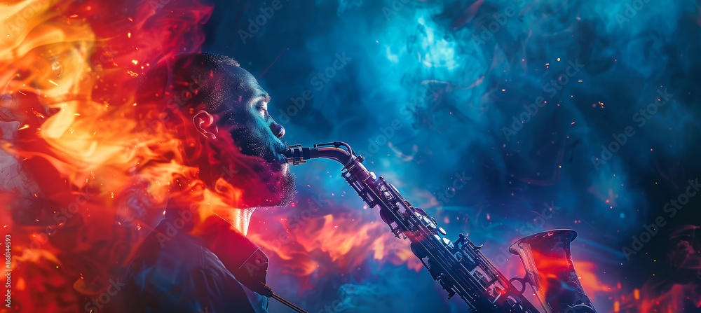 Fototapeta premium A man plays a saxophone, engulfed in a fiery red and blue smoke