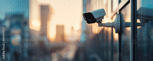 Wallpaper Mural A security camera mounted on a building wall overlooking a busy city street during sunset, ensuring safety and monitoring activities. Torontodigital.ca