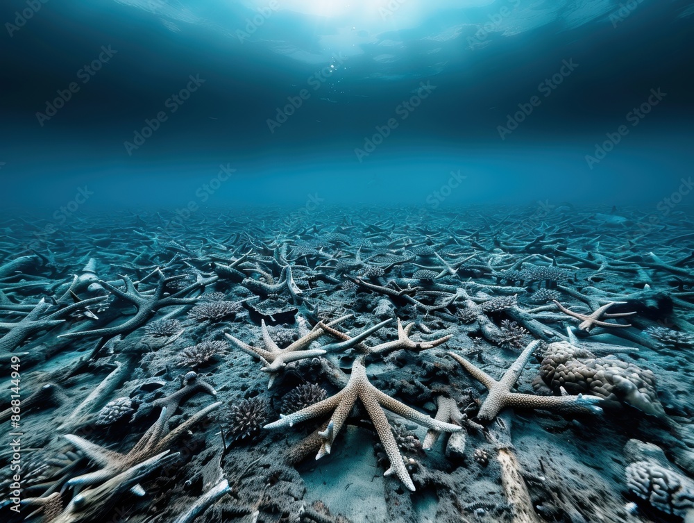 Fototapeta premium Dramatic underwater view of a dead coral reef with scattered starfish, illustrating the effects of ocean environmental changes.