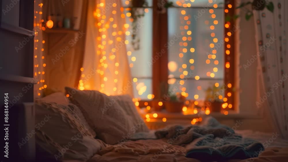 Bed With Christmas Lights in Front of Window, Develop a captivating video of fairy lights twinkling in a cozy indoor setting, casting a warm glow Bed With Christmas Lights in Front of Window, Develop a captivating video of fairy lights twinkling in a cozy indoor setting, casting a warm glow