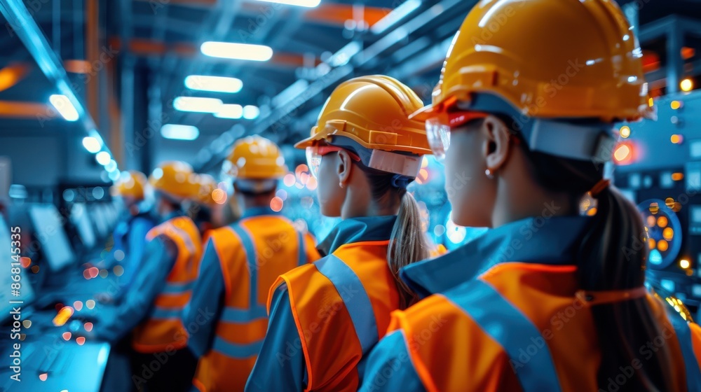 Assembly Line, Workers in safety gear, Manufacturing Industry Assembly Line, Workers in safety gear, Manufacturing Industry