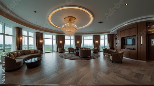 MINSK, BELARUS - JULY, 2017: full seamless panorama 360 by 180 angle view in interior of luxury guest relax waiting room in elite hotel equirectangular projection, skybox VR content
 photo