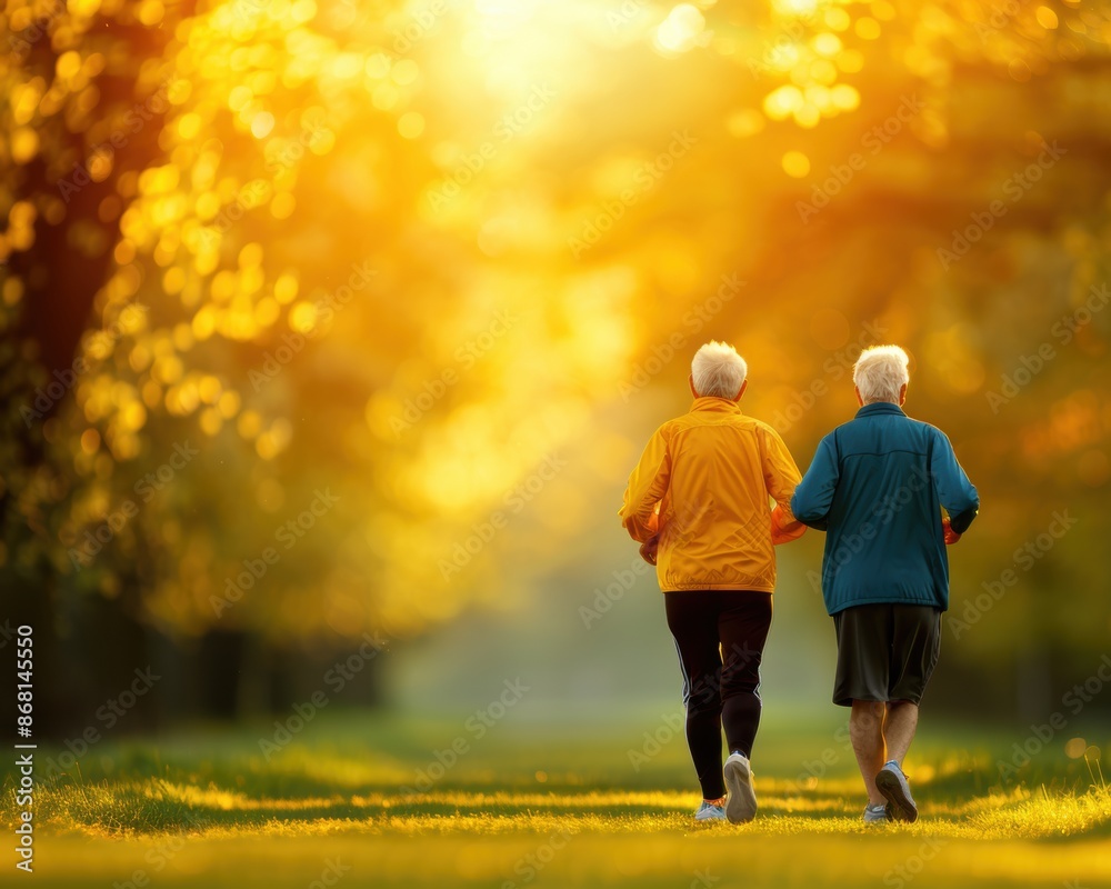 Obraz premium Senior couple walking in a park during autumn. The golden sunlight filters through the trees creating a warm and peaceful atmosphere.