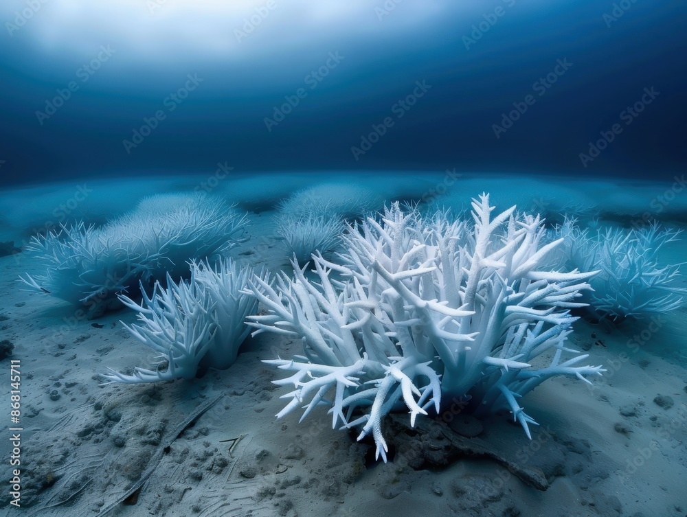 Obraz premium Stunning underwater photograph capturing the ethereal beauty of bleached coral reefs in a serene ocean environment.
