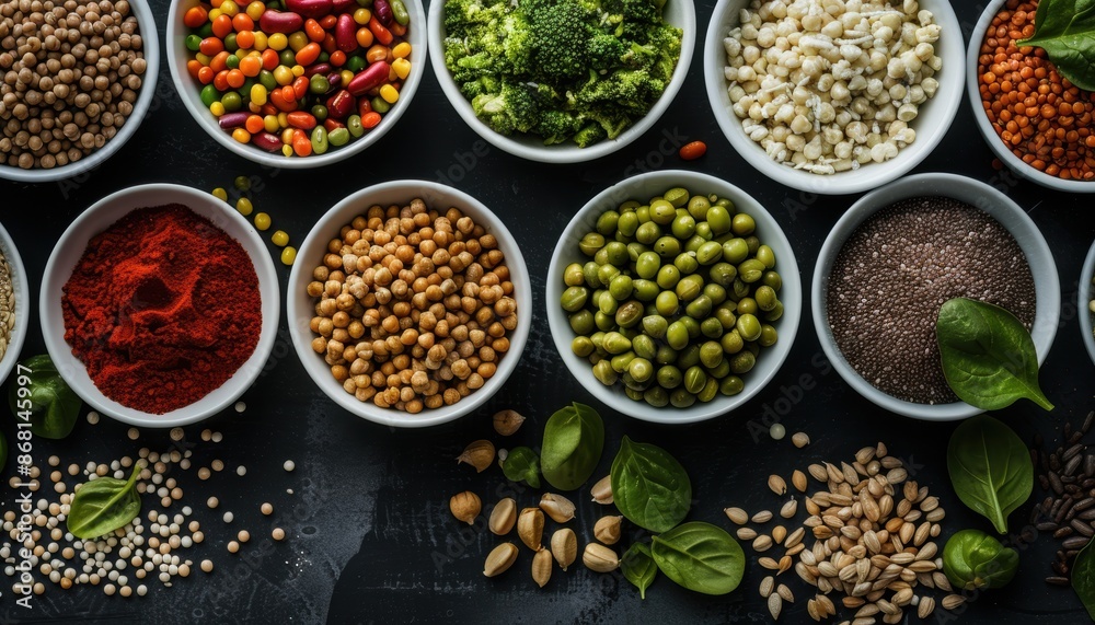Assorted spices, grains, and herbs in white bowls on a dark background, showcasing a variety of colorful and healthy ingredients.