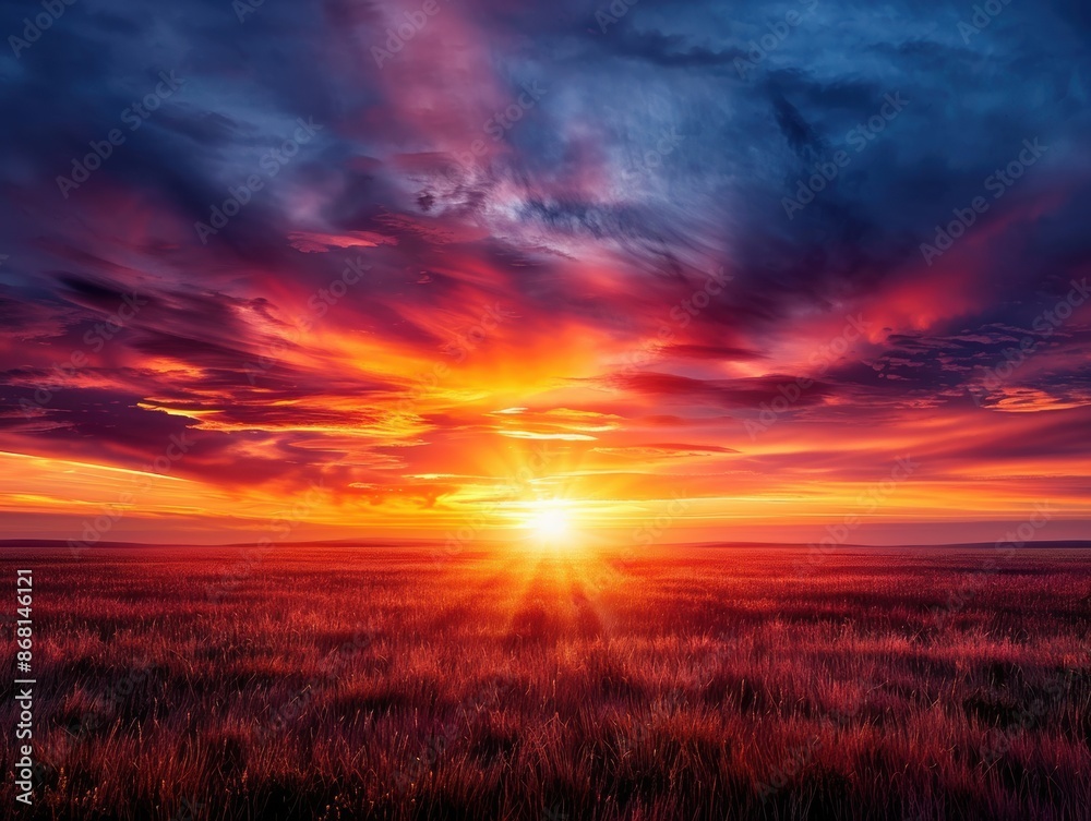 Vibrant sunset over a grassy field with a stunning mix of red, orange, and purple hues, capturing the beauty of nature's evening light show. Vibrant sunset over a grassy field with a stunning mix of red, orange, and purple hues, capturing the beauty of nature's evening light show.
