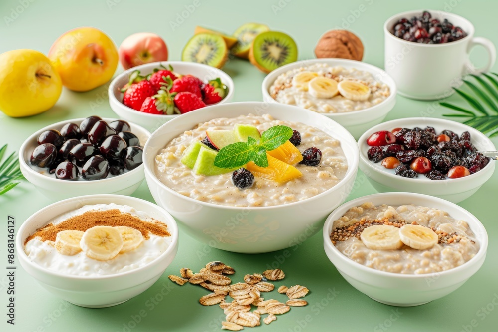 Plates of oatmeal including fruits, jam, nuts, cinnamon, coffee, and oat flakes were placed on a plaster backdrop. Plates of oatmeal including fruits, jam, nuts, cinnamon, coffee, and oat flakes were placed on a plaster backdrop.