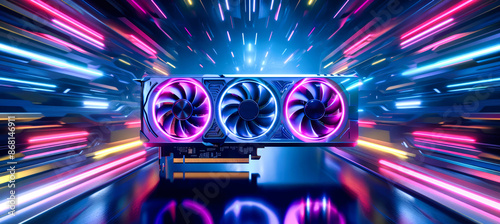 A graphics card with three glowing fans sits in a futuristic landscape of vibrant neon light streaks