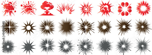 Explosion comic effect burst vector set, nuclear blast, Bullet holes and cracks dynamic impact, powerful, red, black, starburst for pop art, explosion illustration for cartoon designs graphic