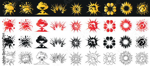 Explosion icon set, bomb blast illustrations, explosion graphics, nuclear explosion symbols, comic explosion art vector designs colorful blast effects