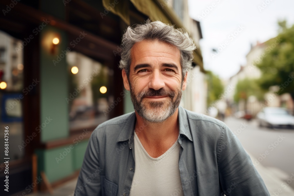 Portrait of a handsome middle-aged man with gray hair and beard in the city Portrait of a handsome middle-aged man with gray hair and beard in the city