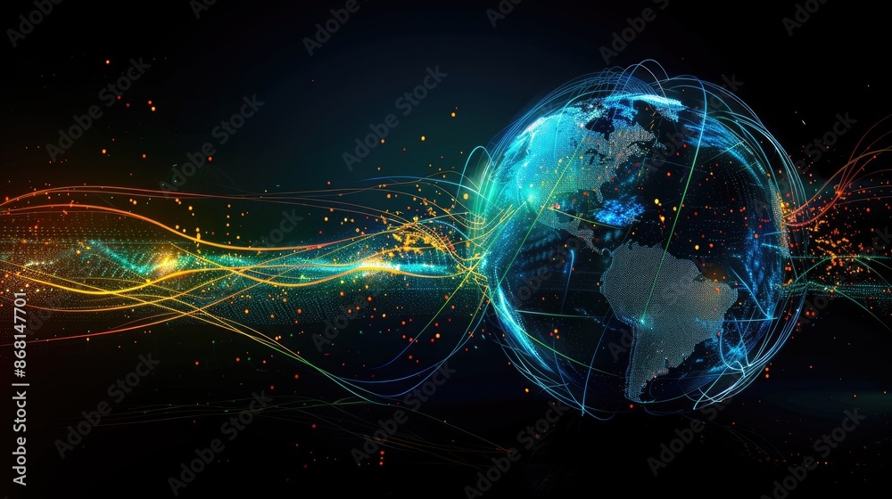 A blue and orange planet with a lot of dots surrounding it A blue and orange planet with a lot of dots surrounding it