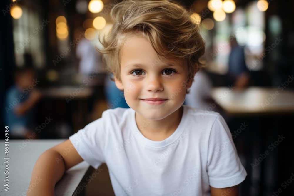 Portrait of a cute little boy sitting in a cafe. The boy is smiling. Portrait of a cute little boy sitting in a cafe. The boy is smiling.