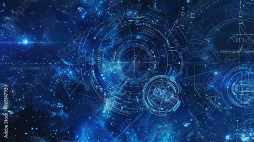 Futuristic digital interface with celestial and technical designs photo