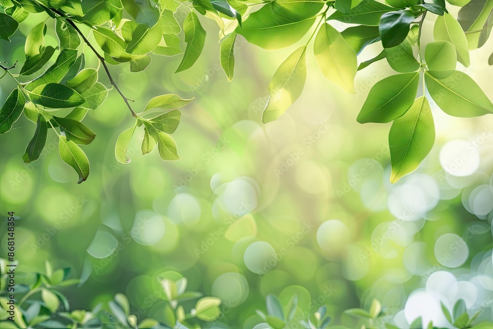 Beautiful green leaves on blurred background  space for text. Spring season