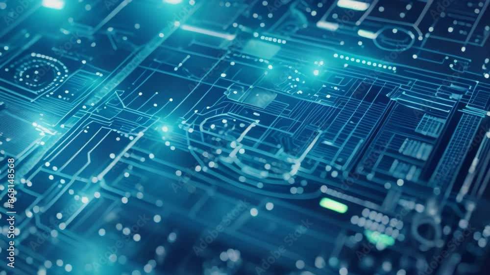 Detailed view of an intricate electronic circuit board showing various components and connections, Digitally rendered blueprint drawing with a futuristic aesthetic Detailed view of an intricate electronic circuit board showing various components and connections, Digitally rendered blueprint drawing with a futuristic aesthetic