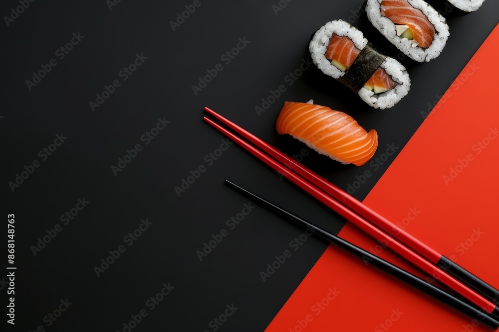 Sushi and Chopsticks on a Black and Red Background Sushi and Chopsticks on a Black and Red Background