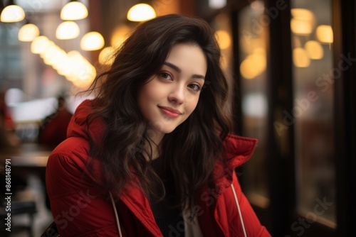 Portrait of a beautiful young brunette woman in a red jacket. © Stocknterias