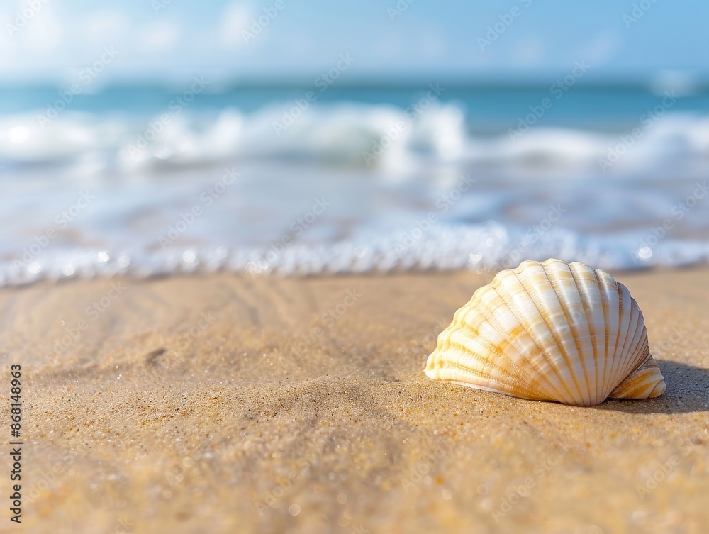 seashell on sandy beach with ocean waves in background. seashell on sandy beach with ocean waves in background.